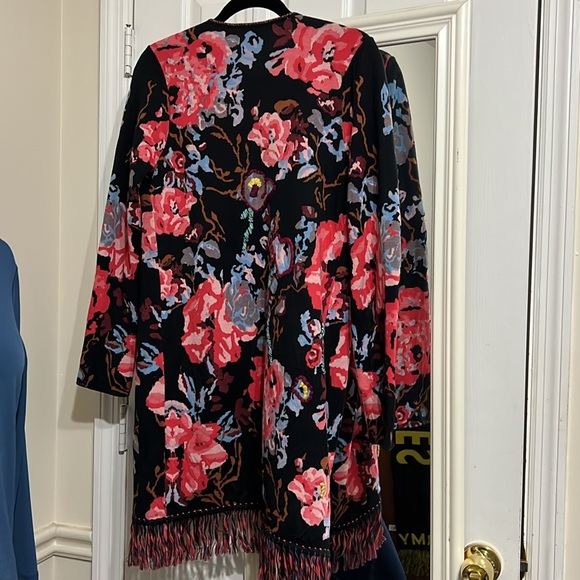 INC FLORAL OPEN LONG SWEATER DUSTER SIZE MEDIUM Fringes Embroidered - Picture 2 of 10